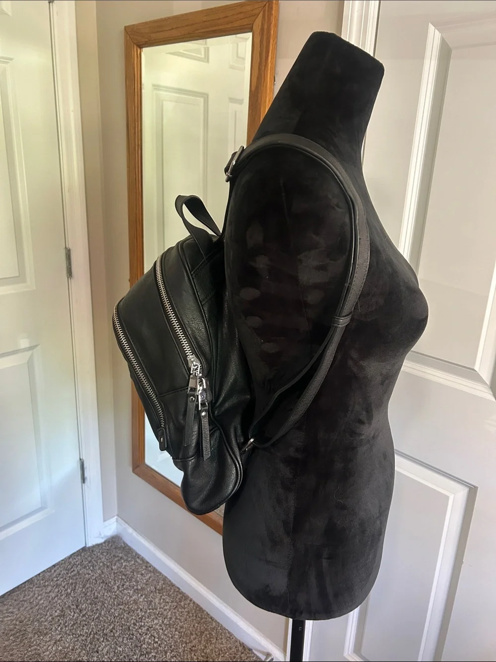 MMS Design Studio Black Leather Mini Backpack with Silver Zippers